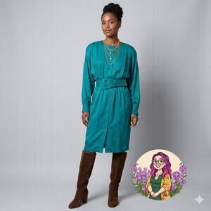 VTG 80s Teal Green 100% Silk Paisley Jacquard Shoulder Pad Midi Dress Belted 16